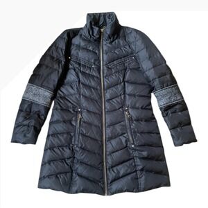 Sam Edelman Black Chevron Quilted‎ Puffer Coat Full Zip Tweed Sleeve Detail
